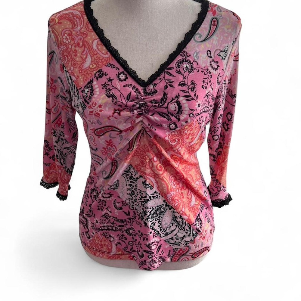 Vintage Y2K Pink and Orange Paisley Black Lace Lined Babydoll Top Women's Small